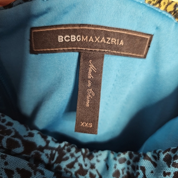 BCBG Max Azria - Blue, Turqouise, & Yellow Snakeskin Print Ruched Mesh Dress xxs - Picture 10 of 13